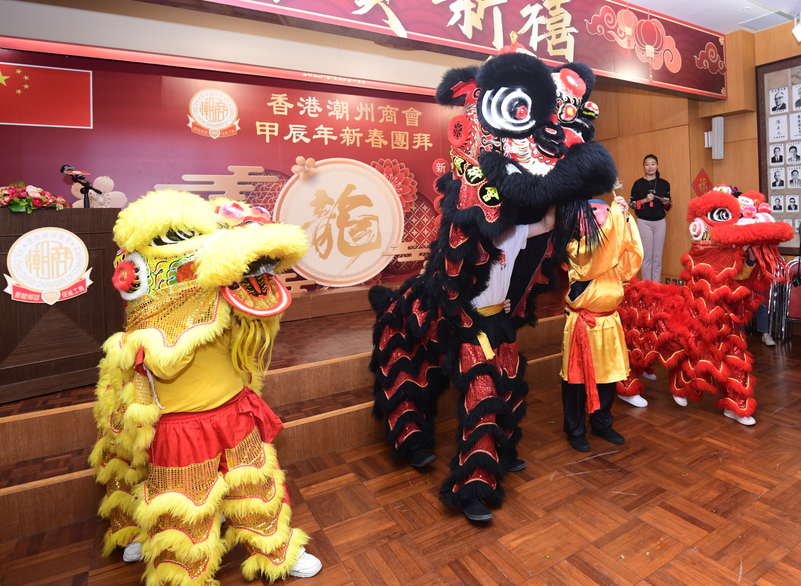 香港潮商學校舞獅隊表演醒獅採青