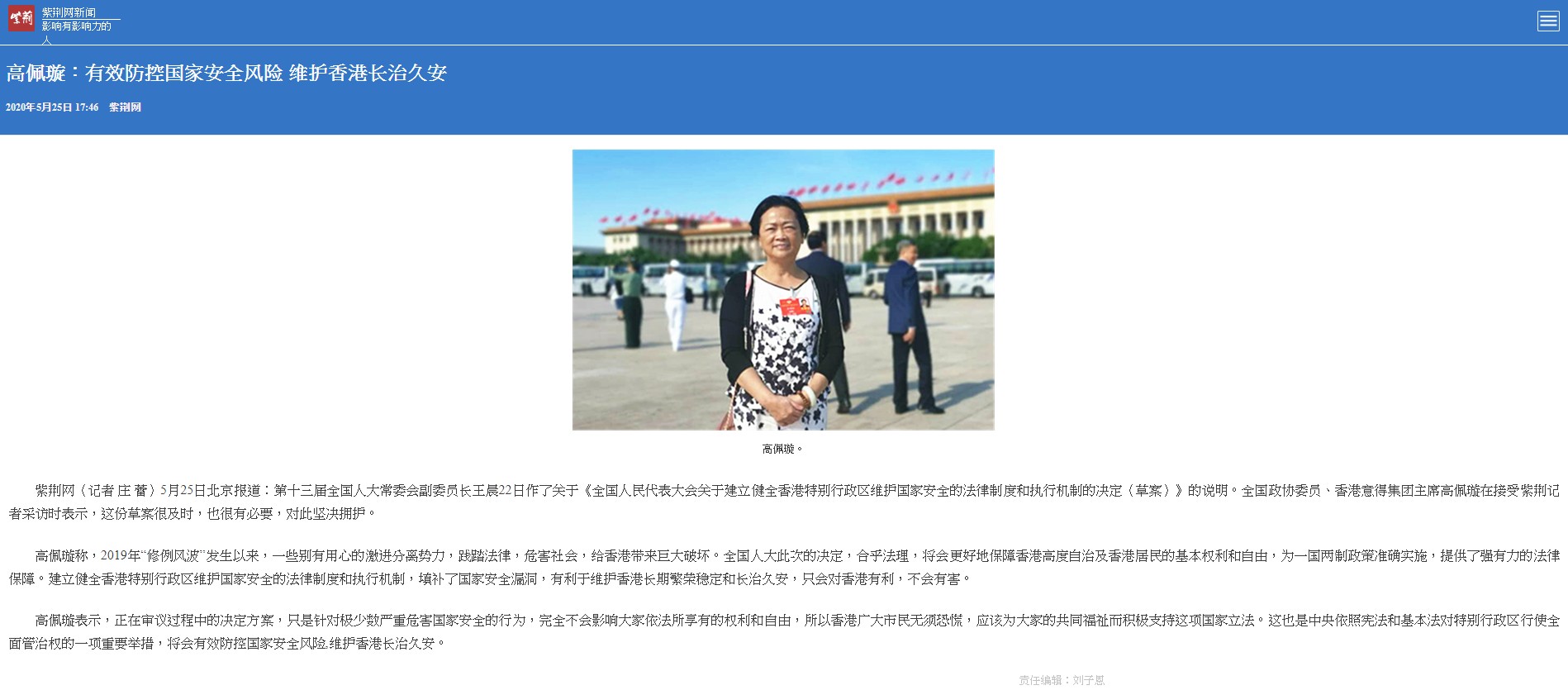 高佩璇「有效防控國家安全風險 維護香港長治久安」